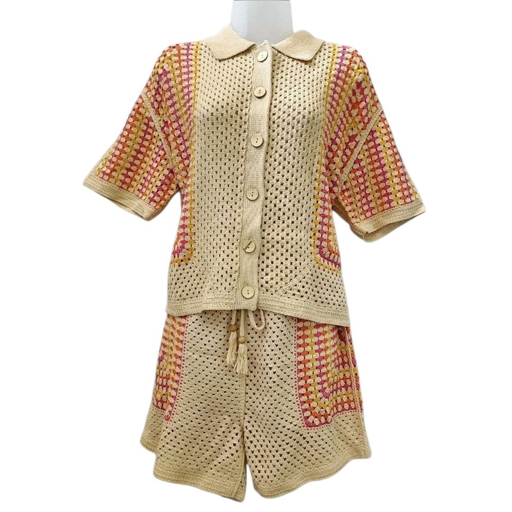 House of Harlow Women's Top Shorts Small Crochet Button Up Sheer Coastal‎ Beachy